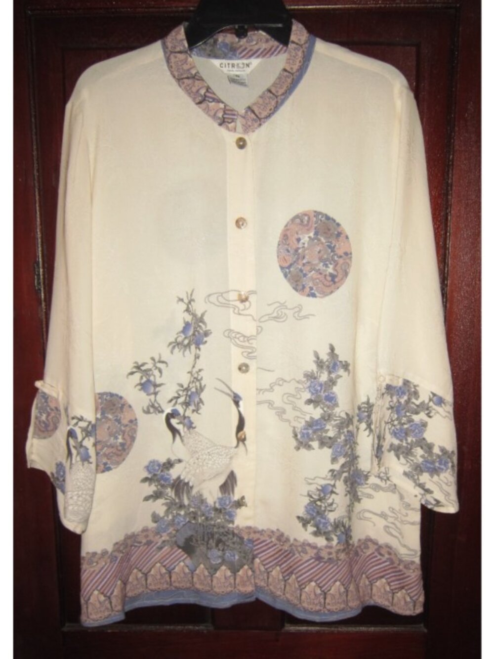 Citron Santa Monica 1X Kimono Tunic Blouse Top Shirt 100% Silk Asian Crane Bird